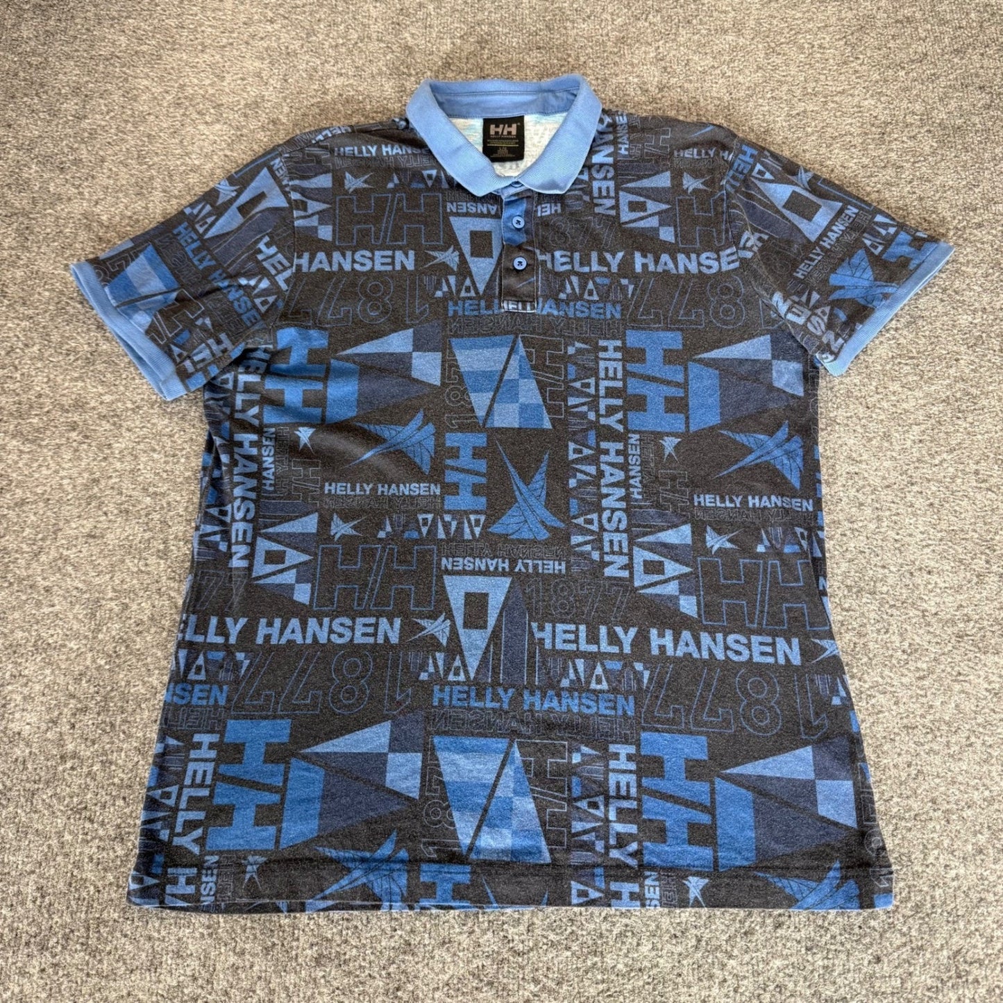 Helly Hansen Polo Shirt Mens Large Blue AOP Short Sleeve Athletic Outdoor Casual