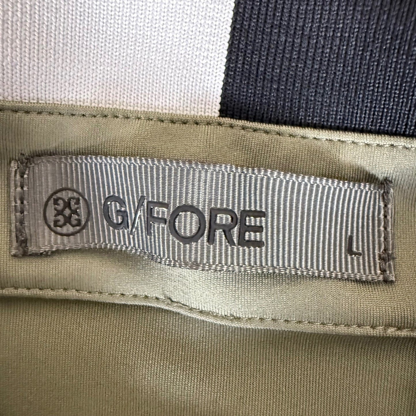 G/FORE Mens Large Performance Golf Polo Shirt Olive Green Striped Collar Stretch