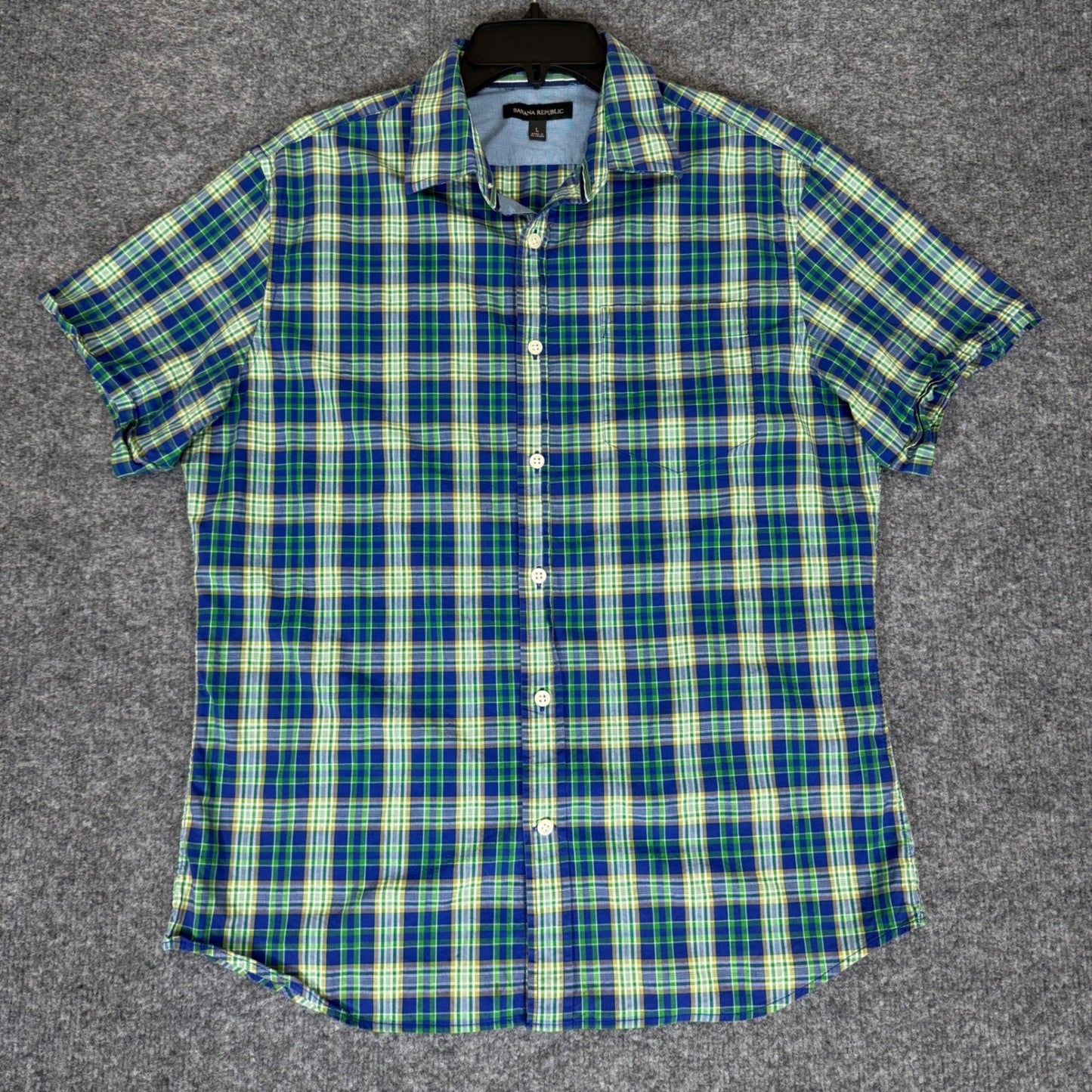 Banana Republic Plaid Shirt Short Sleeve Button Up Green Blue Mens Large (M)