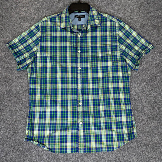 Banana Republic Plaid Shirt Short Sleeve Button Up Green Blue Mens Large (M)
