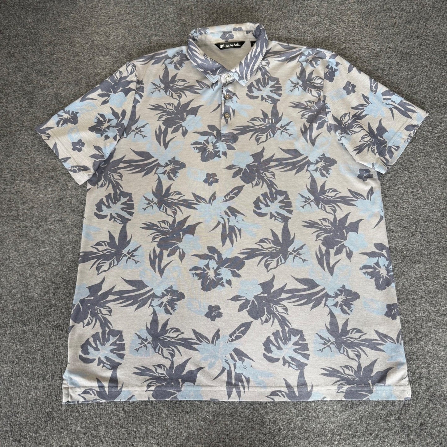 Travis Mathew Mens Polo Shirt XXL Blue Gray Floral Short Sleeve Golf Performance