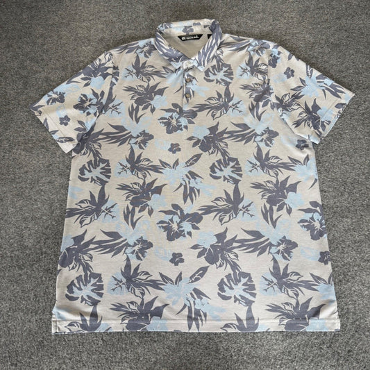 Travis Mathew Mens Polo Shirt XXL Blue Gray Floral Short Sleeve Golf Performance